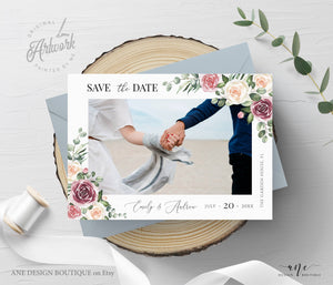 Boho Floral Photo Save The Date Template, Mauve Rose Printable Rustic Wedding Date Announcement Card with Photo, Editable, DIY, Download 007