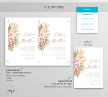 Load image into Gallery viewer, Pampas Grass Wedding Invitation Template, Tropical Boho Dry Fluffy Grass Palm Leaf Invites, Bohemian Desert Orchid, Printable, Download 017