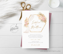Load image into Gallery viewer, Pampas Grass Arch Wedding Invitation Set Template, Tropical Boho Dry Fluffy Grass Palm Leaf, Bohemian Desert Orchid, Printable, Download 017