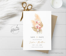 Load image into Gallery viewer, Boho Pampas Grass Save The Date Template, Tropical Bohemian Dried Palm Leaf Wedding Date Announcement Card, Printable, Instant Download 017
