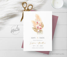 Load image into Gallery viewer, Boho Pampas Grass Save The Date Template, Tropical Bohemian Dried Palm Leaf Wedding Date Announcement Card, Printable, Instant Download 017
