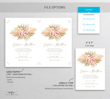Load image into Gallery viewer, Tropical Pampas Grass Wedding Invitation Template Set, Boho Dry Fluffy Grass Palm Leaf Invites, Fall Bohemian Blush, Printable, Download 017