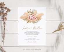 Load image into Gallery viewer, Tropical Pampas Grass Wedding Invitation Template Set, Boho Dry Fluffy Grass Palm Leaf Invites, Fall Bohemian Blush, Printable, Download 017