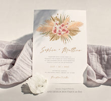 Load image into Gallery viewer, Tropical Pampas Grass Wedding Invitation Template Set, Boho Dry Fluffy Grass Palm Leaf Invites, Fall Bohemian Blush, Printable, Download 017