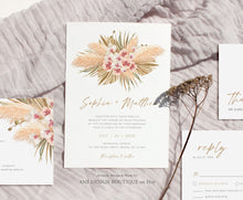 Load image into Gallery viewer, Tropical Pampas Grass Wedding Invitation Template Set, Boho Dry Fluffy Grass Palm Leaf Invites, Fall Bohemian Blush, Printable, Download 017