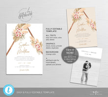 Load image into Gallery viewer, Boho Pampas Grass Arch Wedding Invitation Set Template, Tropical Dried Grass Palm Leaf, Bohemian Desert Orchid, Printable, Inst Download 017