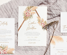Load image into Gallery viewer, Boho Pampas Grass Arch Wedding Invitation Set Template, Tropical Dried Grass Palm Leaf, Bohemian Desert Orchid, Printable, Inst Download 017
