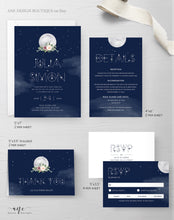 Load image into Gallery viewer, Celestial Moon Wedding Invitation Set Template, Starry Night Sky Wedding Suite, Mystic Sacred Geometry, Navy Blue Galaxy Space, Editable 022