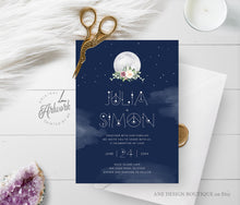 Load image into Gallery viewer, Celestial Moon Wedding Invitation Set Template, Starry Night Sky Wedding Suite, Mystic Sacred Geometry, Navy Blue Galaxy Space, Editable 022