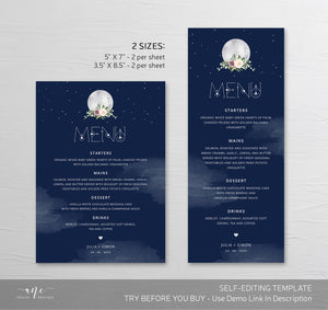 Celestial Moon Wedding Menu Template, Starry Night Sky Dinner Menu Card, Sacred Geometry, Blue Galaxy Space, Editable Printable Download 022