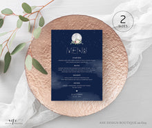 Load image into Gallery viewer, Celestial Moon Wedding Menu Template, Starry Night Sky Dinner Menu Card, Sacred Geometry, Blue Galaxy Space, Editable Printable Download 022