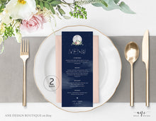 Load image into Gallery viewer, Celestial Moon Wedding Menu Template, Starry Night Sky Dinner Menu Card, Sacred Geometry, Blue Galaxy Space, Editable Printable Download 022