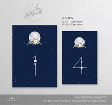 Load image into Gallery viewer, Celestial Moon Wedding Table Numbers Template, Starry Night Sky Bridal Table Card, Sacred Geometry, Galaxy Space, Editable Printable DIY 022