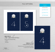 Load image into Gallery viewer, Celestial Moon Wedding Table Numbers Template, Starry Night Sky Bridal Table Card, Sacred Geometry, Galaxy Space, Editable Printable DIY 022