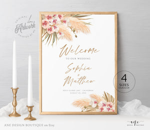 Boho Pampas Grass Wedding Welcome Sign Template, Modern Tropical Beach Editable Poster Sign, Orchid Dried Grass, Printable, DIY Download 017