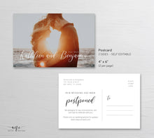 Load image into Gallery viewer, Photo Postponed Wedding Postcard Template, Change the Date Printable, Change of Plans Announcement Card, Fully Editable Instant Download 011