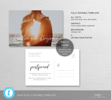 Load image into Gallery viewer, Photo Postponed Wedding Postcard Template, Change the Date Printable, Change of Plans Announcement Card, Fully Editable Instant Download 011