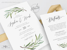 Load image into Gallery viewer, Sage Green Wedding Invitation Set Template, Unique Watercolor Artwork, Boho Wedding Bridal Invite RSVP Details, Fully Editable Printable 008