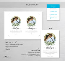 Load image into Gallery viewer, Photo Greenery Thank You Letter Template, Rustic Wedding Menu Thank You Napkin Note, Printable In Lieu of Favor, Editable 4x6in Download 018