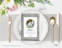 Load image into Gallery viewer, Photo Greenery Thank You Letter Template, Rustic Wedding Menu Thank You Napkin Note, Printable In Lieu of Favor, Editable 4x6in Download 018