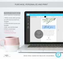 Load image into Gallery viewer, Boho Greenery Thank You Letter Template, Rustic Wedding Menu Thank You Napkin Note, Printable In Lieu of Favor, Editable 4x6in Download, 008