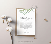 Load image into Gallery viewer, Boho Greenery Thank You Letter Template, Rustic Wedding Menu Thank You Napkin Note, Printable In Lieu of Favor, Editable 4x6in Download, 008