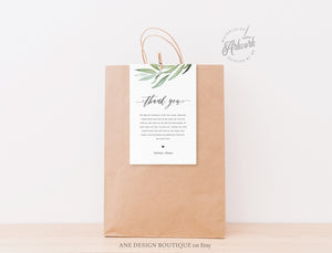 Boho Greenery Thank You Letter Template, Rustic Wedding Menu Thank You Napkin Note, Printable In Lieu of Favor, Editable 4x6in Download, 008
