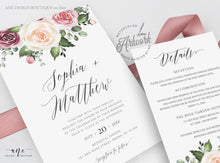 Load image into Gallery viewer, Spring Mauve Rose Floral Wedding Invitation Set Template, Eucalyptus Blush Roses Watercolor Invite Suite, Editable, Printable Download 007