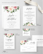 Load image into Gallery viewer, Spring Mauve Rose Floral Wedding Invitation Set Template, Eucalyptus Blush Roses Watercolor Invite Suite, Editable, Printable Download 007