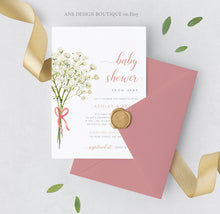 Load image into Gallery viewer, Baby's Breath Baby Shower by Mail Invitation Template, DIY Elegant Rustic Gypsophila Baby Shower Invites, Printable, Instant Download 018