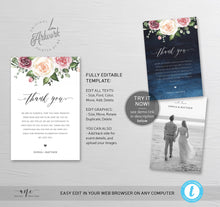 Load image into Gallery viewer, Mauve Roses Thank You Letter Template, Rustic Wedding Menu Thank You Napkin Note, Printable In Lieu of Favor, Editable 4x6in, Download, 007