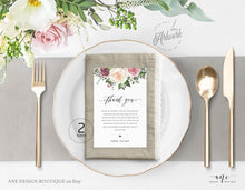 Load image into Gallery viewer, Mauve Roses Thank You Letter Template, Rustic Wedding Menu Thank You Napkin Note, Printable In Lieu of Favor, Editable 4x6in, Download, 007