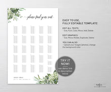 Load image into Gallery viewer, Rustic Greenery Seating Chart Template, Unique Elegant Eucalyptus Wedding Sign Table Plan, Country Barn, Editable Printable DIY Download 018