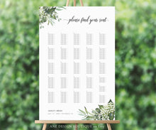 Load image into Gallery viewer, Rustic Greenery Seating Chart Template, Unique Elegant Eucalyptus Wedding Sign Table Plan, Country Barn, Editable Printable DIY Download 018