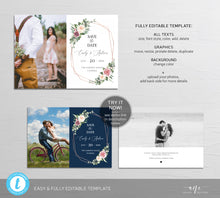 Load image into Gallery viewer, Rustic Photo Save The Date Template, Mauve Rose Printable Boho Wedding Date Announcement Card with Photo, Editable, Download, Templett 007