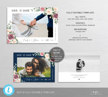 Load image into Gallery viewer, Boho Floral Photo Save The Date Template, Mauve Rose Printable Rustic Wedding Date Announcement Card with Photo, Editable, DIY, Download 007