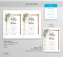 Load image into Gallery viewer, Rustic Arch Greenery Wedding Invitation Set Printable Template, Eucalyptus, Baby&#39;s Breath, Country Barn Boho, 100% Editable Download DIY 018
