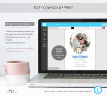 Load image into Gallery viewer, Boho Circle Photo Save The Date Template, Unique Mauve Rose Printable Floral Wedding Date Announcement Card, Editable, Download Templett 007