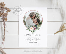 Load image into Gallery viewer, Boho Circle Photo Save The Date Template, Unique Mauve Rose Printable Floral Wedding Date Announcement Card, Editable, Download Templett 007
