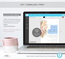 Load image into Gallery viewer, Pampas Grass Wedding Invitation Template, Tropical Boho Dry Fluffy Grass Palm Leaf Invites, Bohemian Desert Orchid, Printable, Download 017