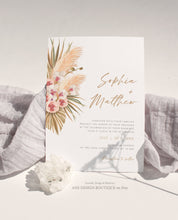 Load image into Gallery viewer, Pampas Grass Wedding Invitation Template, Tropical Boho Dry Fluffy Grass Palm Leaf Invites, Bohemian Desert Orchid, Printable, Download 017