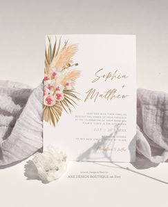 Pampas Grass Wedding Invitation Template, Tropical Boho Dry Fluffy Grass Palm Leaf Invites, Bohemian Desert Orchid, Printable, Download 017