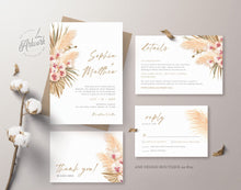 Load image into Gallery viewer, Pampas Grass Wedding Invitation Template, Tropical Boho Dry Fluffy Grass Palm Leaf Invites, Bohemian Desert Orchid, Printable, Download 017
