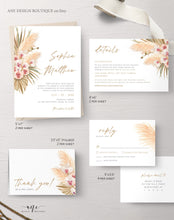 Load image into Gallery viewer, Pampas Grass Wedding Invitation Template, Tropical Boho Dry Fluffy Grass Palm Leaf Invites, Bohemian Desert Orchid, Printable, Download 017
