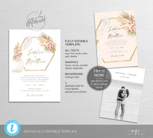 Load image into Gallery viewer, Pampas Grass Arch Wedding Invitation Set Template, Tropical Boho Dry Fluffy Grass Palm Leaf, Bohemian Desert Orchid, Printable, Download 017