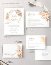 Load image into Gallery viewer, Pampas Grass Arch Wedding Invitation Set Template, Tropical Boho Dry Fluffy Grass Palm Leaf, Bohemian Desert Orchid, Printable, Download 017