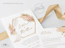 Load image into Gallery viewer, Pampas Grass Arch Wedding Invitation Set Template, Tropical Boho Dry Fluffy Grass Palm Leaf, Bohemian Desert Orchid, Printable, Download 017