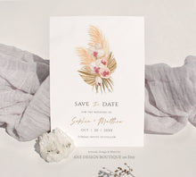 Load image into Gallery viewer, Boho Pampas Grass Save The Date Template, Tropical Bohemian Dried Palm Leaf Wedding Date Announcement Card, Printable, Instant Download 017