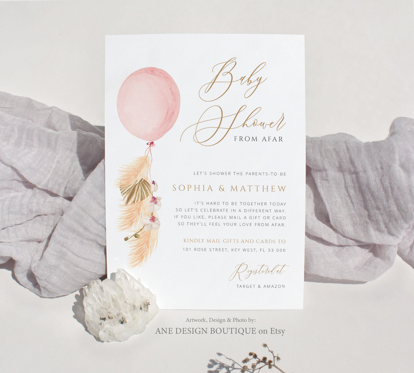 Balloon Pampas Grass Baby Shower by Mail Invitation Template, DIY Boho Baby Dried Grass Invites, Desert, Printable, Instant Download 017