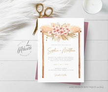 Load image into Gallery viewer, Pampas Grass Arch Wedding Invitation Set Template, Tropical Boho Dry Fluffy Grass Palm Leaf, Bohemian Desert Orchid, Printable, Download 017